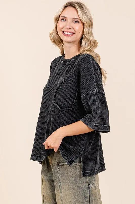 Mittoshop Mineral Wash Waffle Knit Short Sleeve Top for Women - Love Salve